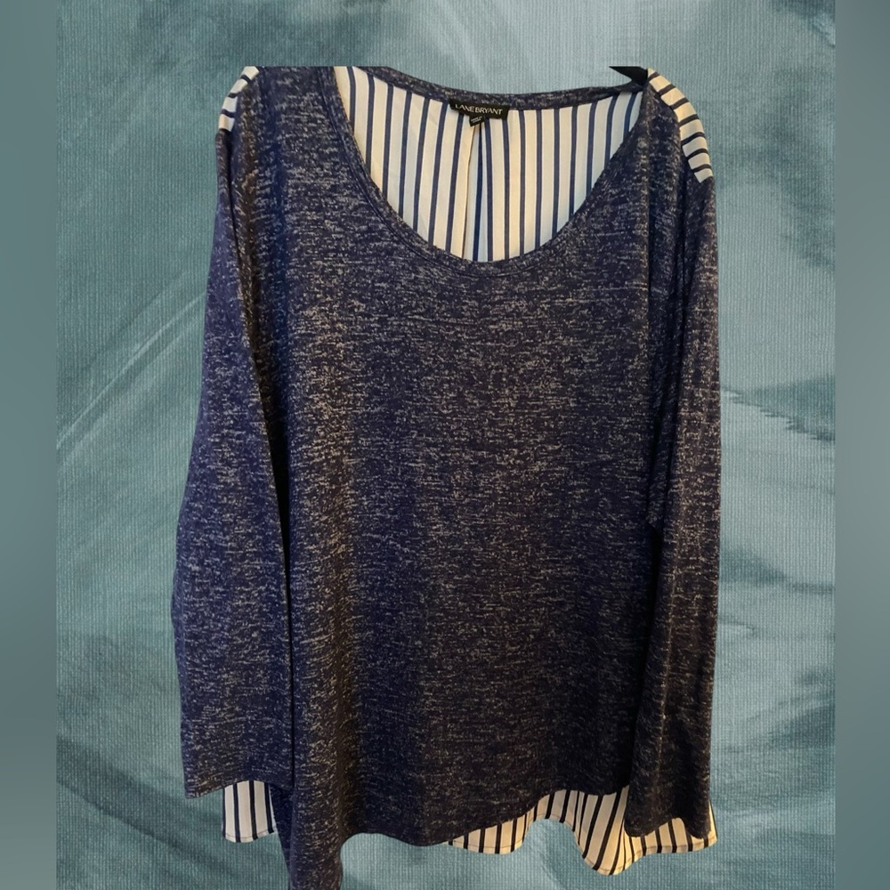 Lane Bryant Mixed Materials Blue and White Stripe/Solid Sweater, Women’s 22/24